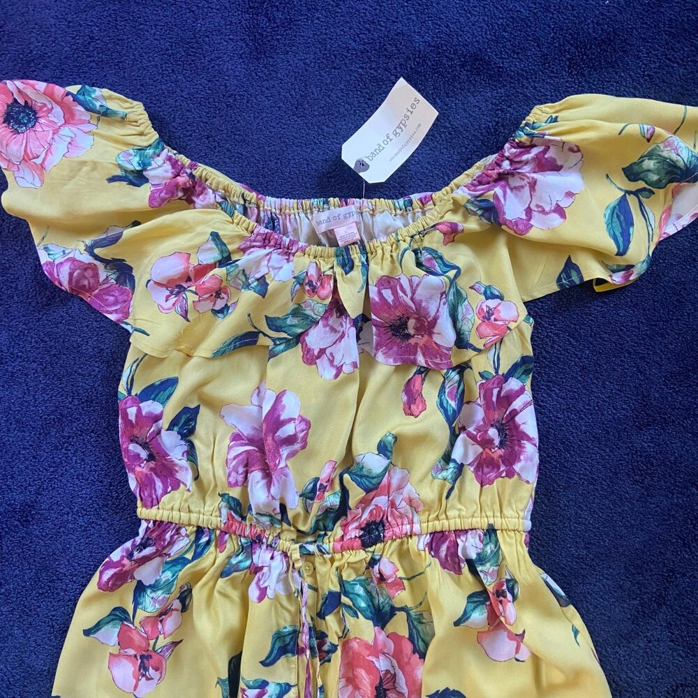NWT BAND OF GYPSIES Yellow Floral Maxi Dress Off Shoulder Ruffle High Low Hem L - Picture 2 of 7